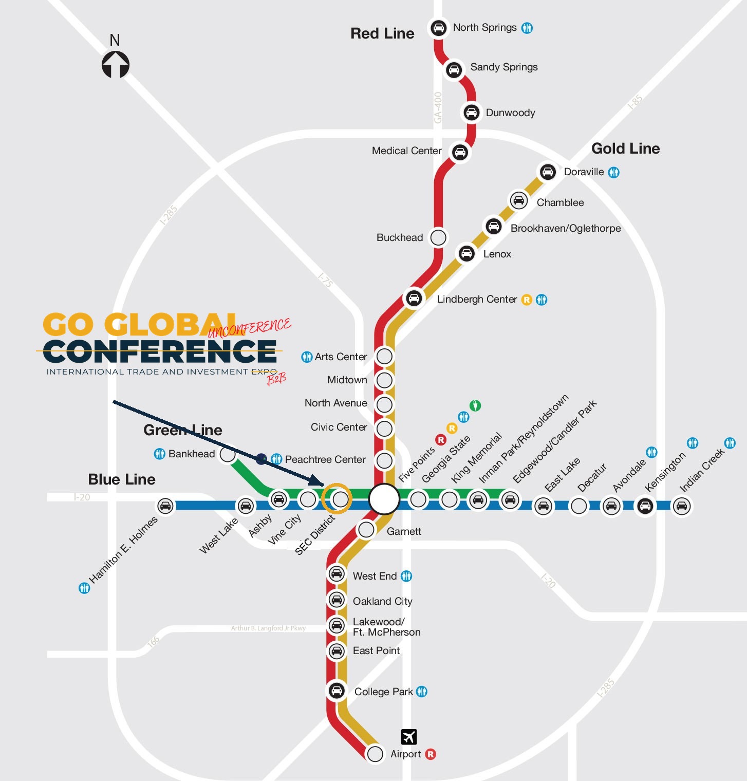MARTA rail map showing the Go Global Conference venue at the SEC District station, formerly GWCC/CNN Center, in Downtown Atlanta