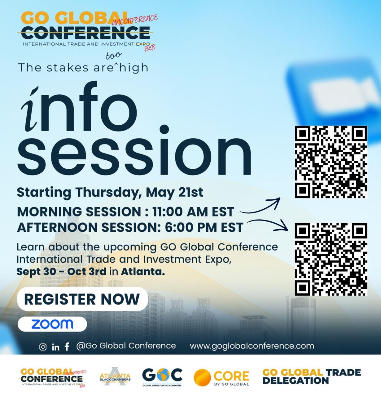 Go Global Conference info session flyer — Zoom sessions at 11:00 AM and 6:00 PM EST